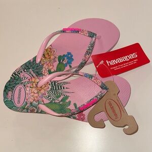 Havaianas Crystal Rose Pink Tropical Floral Flip Flops Women’s 7/8 Brazil  NWT